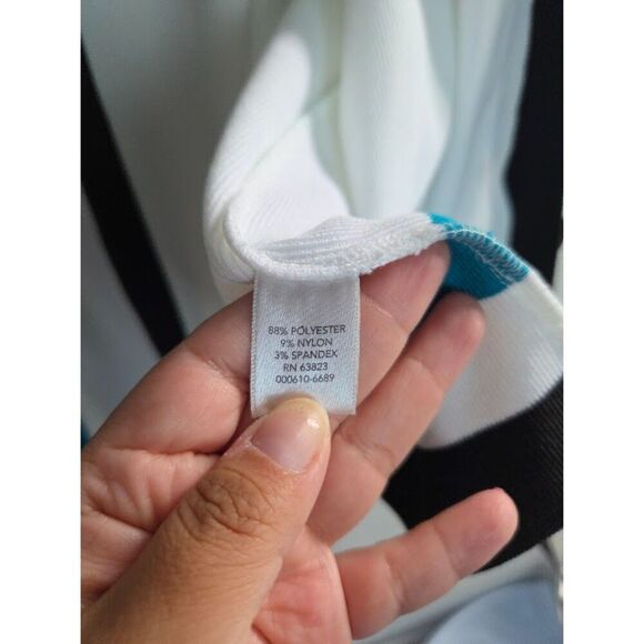 CJ Banks Women White w/Black Teal Trim Long Open Knit Cardigan Sweater size 3X - Picture 6 of 7